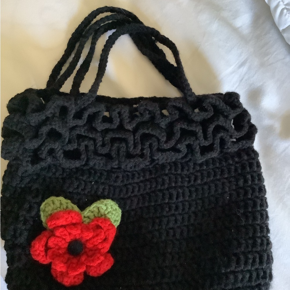 Handcrafted Black Crochet Bag with Red Flower